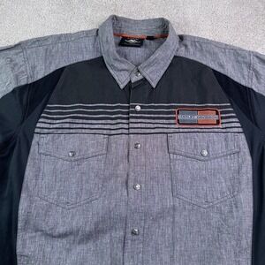 Harley Davidson Shirt Mens 3XL XXXL Grey Black Linen Blend Biker Snap Front Logo
